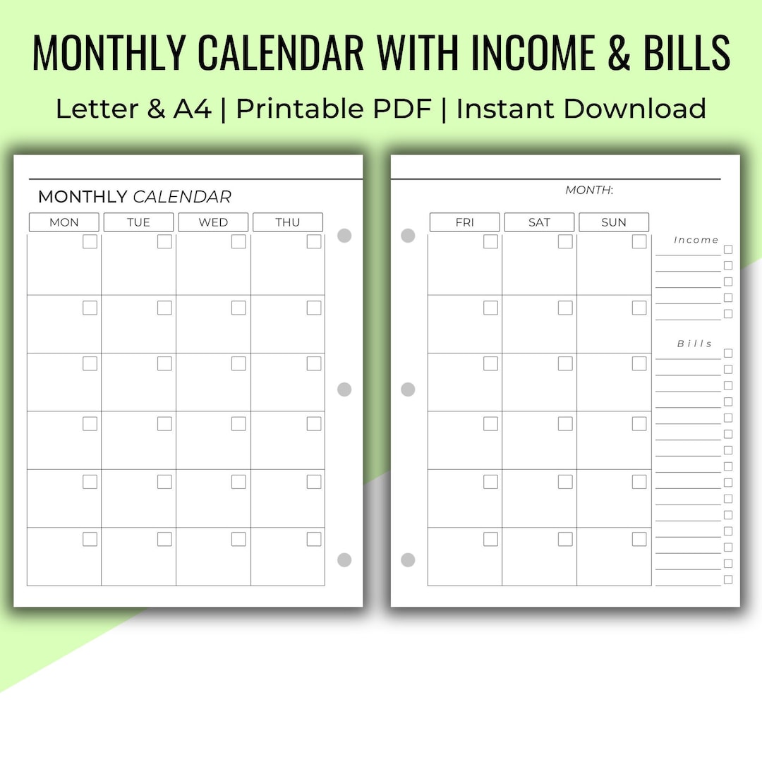 Blank Monthly Budget Calendar Printable, Undated Monthly Budget Bill ...