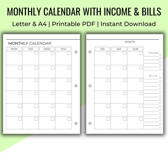 Blank Monthly Budget Calendar Printable Undated Monthly - Etsy
