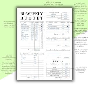 May include: A bi-weekly budget planner, featuring sections for income, bills, spending, and savings. The document includes categories for bills, sinking funds, and extra debt payments, with space for entering amounts and dates.