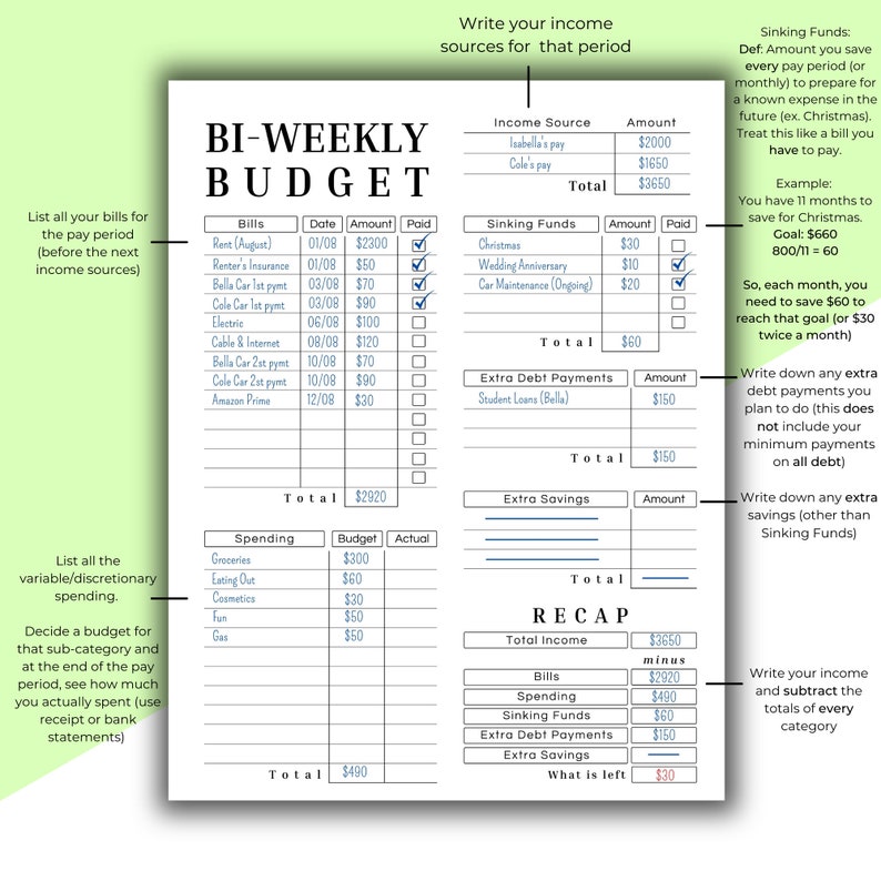 May include: A bi-weekly budget planner, featuring sections for income, bills, spending, and savings. The document includes categories for bills, sinking funds, and extra debt payments, with space for entering amounts and dates.