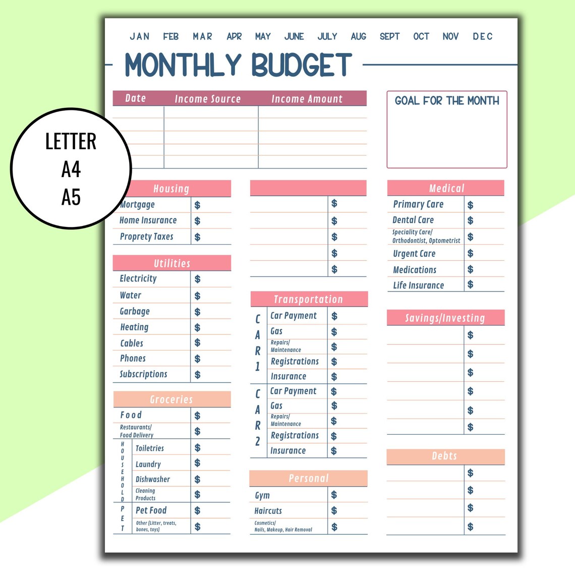 Monthly Budget Printable Monthly Budget Printout Template - Etsy