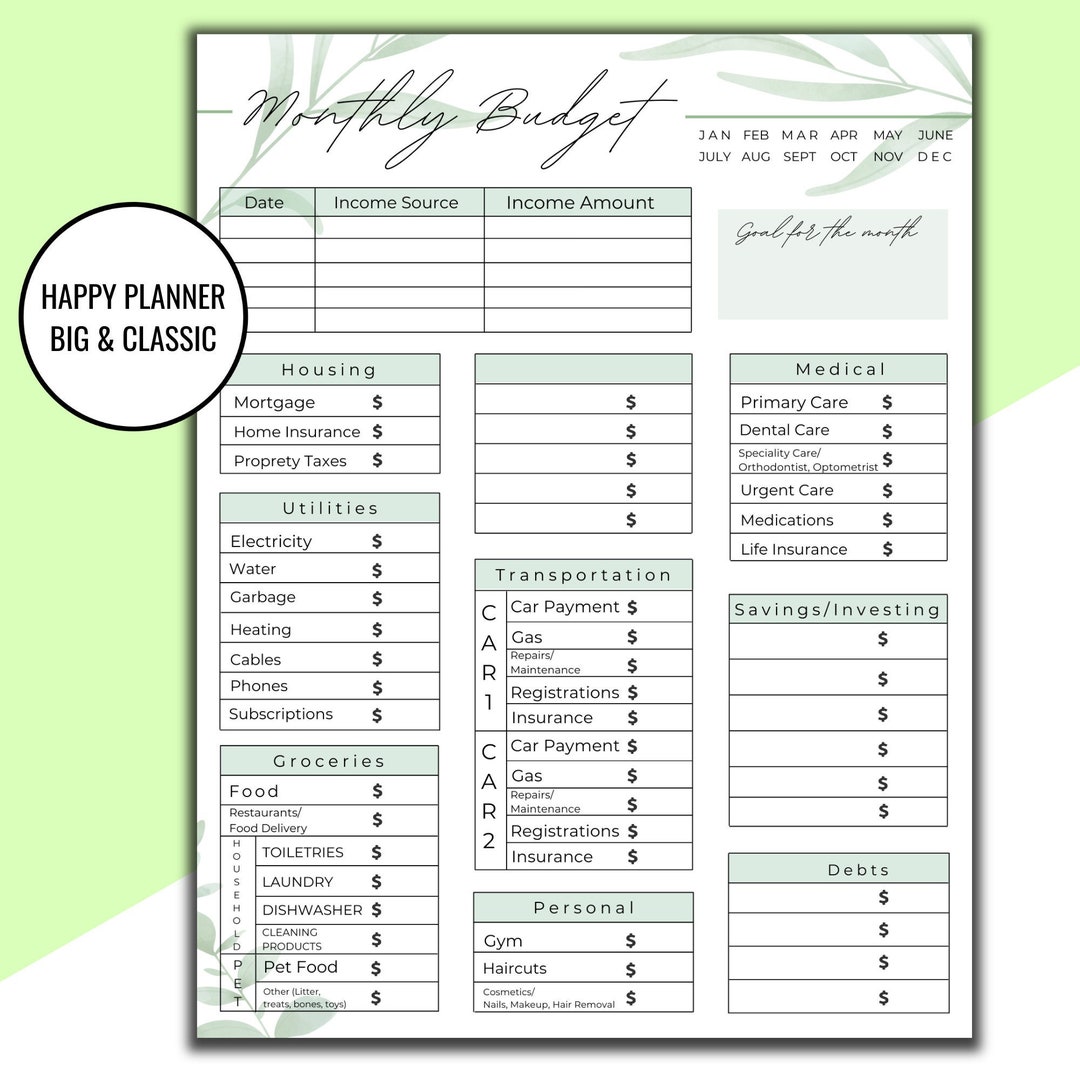 Monthly Budget Printable, Monthly Budget Printout Template, Minimal Greenery HP Monthly Budget ...