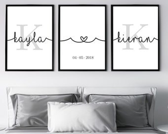 Couple Name And Initial Set Of 3 Personalized Wall Prints, Home Decor Gift, Bedroom Wall Decor over the Bed, Wedding Gift Decor Over the Bed