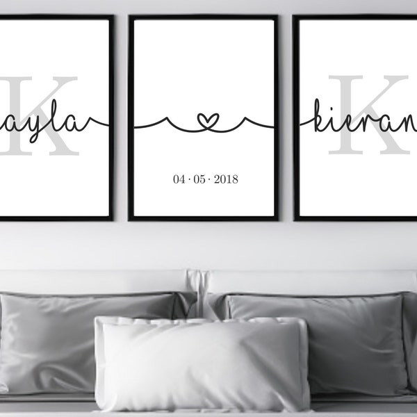 Paar Name und Initiale Set von 3 personalisierte Wand Drucke, Home Decor Geschenk, Schlafzimmer Wand Dekor über dem Bett, Hochzeitsgeschenk Dekor über dem Bett