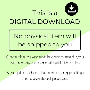 May include: An announcement for a digital download, featuring the text "This is a DIGITAL DOWNLOAD" and "No physical item will be shipped to you." The image includes a download icon and further instructions about the download process.