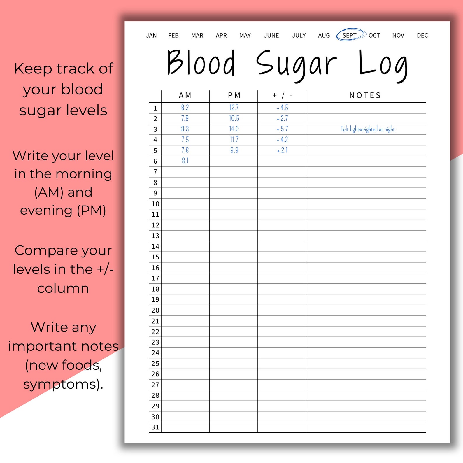 Editable &amp; Printable Blood Sugar Log, Blood Sugar Reading, Blood Glucose Tracker, Diabetic Log ...