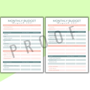 May include: Two printable monthly budget sheets for August 2021. Each sheet has sections for home, utilities, transportation, personal expenses, food, medical, and debt. The sheets are white with pink and teal accents.