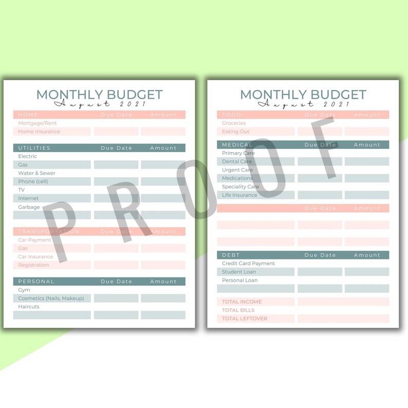 May include: Two printable monthly budget sheets for August 2021. Each sheet has sections for home, utilities, transportation, personal expenses, food, medical, and debt. The sheets are white with pink and teal accents.
