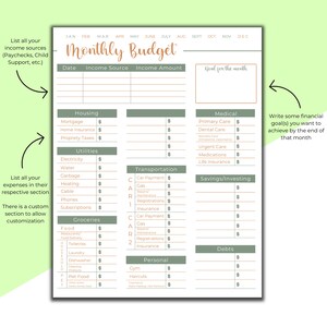 May include: A printable monthly budget planner with sections for income, housing, utilities, transportation, groceries, personal, medical, savings, investing, and debts. The planner includes a goal section for each month.