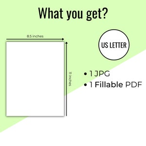 Puede incluir: Una plantilla imprimible en blanco, en blanco, de tama&ntilde;o carta de EE. UU., que mide 8,5 pulgadas por 11 pulgadas. La imagen muestra que la plantilla est&aacute; disponible como JPG y PDF rellenable.