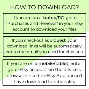 May include: A green and white graphic with the text "HOW TO DOWNLOAD?" and instructions on how to download digital files from Etsy on a laptop, computer, or mobile device.