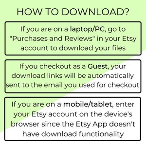 May include: A green and white graphic with the text "HOW TO DOWNLOAD?" and instructions for downloading files from Etsy on a laptop/PC, as a guest, and on a mobile/tablet device.