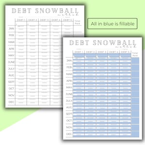 Puede incluir: Un rastreador de m&eacute;todo de bola de nieve de deuda imprimible con una secci&oacute;n rellenable azul. El rastreador incluye una secci&oacute;n para cada mes del a&ntilde;o y una secci&oacute;n para cada deuda. El rastreador tambi&eacute;n incluye una secci&oacute;n para el monto total pagado.