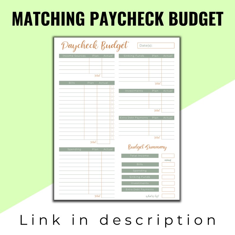May include: A printable budget worksheet with sections for income sources, bills, spending, sinking funds, investments, and extra debt payments. The worksheet also includes a budget summary section to track total income, bills, spending, sinking funds, investments, and extra debt payments.