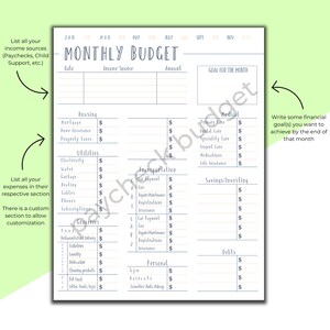 K&ouml;nnte beinhalten: Ein druckbarer monatlicher Budgetplaner mit Abschnitten f&uuml;r Einkommen, Wohnen, Nebenkosten, Transport, Lebensmittel, Pers&ouml;nliches, Medizin, Sparen, Investitionen und Schulden. Der Planer enth&auml;lt einen Zielbereich f&uuml;r den Monat und einen Platz, um finanzielle Ziele aufzulisten.