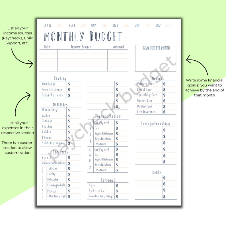 K&ouml;nnte beinhalten: Ein druckbarer monatlicher Budgetplaner mit Abschnitten f&uuml;r Einkommen, Wohnen, Nebenkosten, Transport, Lebensmittel, Pers&ouml;nliches, Medizin, Sparen, Investitionen und Schulden. Der Planer enth&auml;lt einen Zielbereich f&uuml;r den Monat und einen Platz, um finanzielle Ziele aufzulisten.