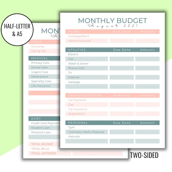 Monthly Budget Printable, Finance Planner Tracker, Monthly Half Letter A5 Budget Inserts, Money Planning Budget Binder