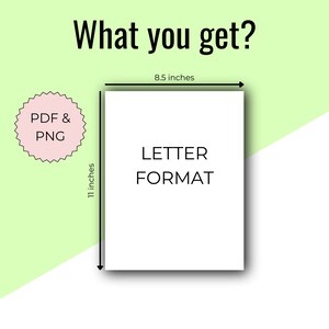 K&ouml;nnte beinhalten: Ein wei&szlig;es Blatt Papier mit dem Text "LETTER FORMAT" in schwarzer Schrift. Das Papier ist 8,5 Zoll mal 11 Zoll gro&szlig;. Das Bild enth&auml;lt auch einen rosa Kreis mit dem Text "PDF & PNG" in schwarzer Schrift.