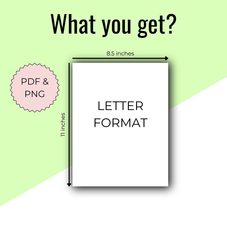 K&ouml;nnte beinhalten: Ein wei&szlig;es Blatt Papier mit dem Text "LETTER FORMAT" in schwarzer Schrift. Das Papier ist 8,5 Zoll mal 11 Zoll gro&szlig;. Das Bild enth&auml;lt auch einen rosa Kreis mit dem Text "PDF & PNG" in schwarzer Schrift.