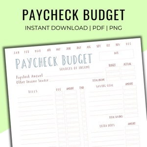 May include: A printable budget planner with a light blue and pink color scheme. The planner includes sections for monthly income, bills, savings goals, and extra debts. The months of the year are listed across the top of the page.