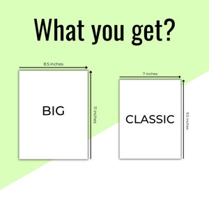 May include: Two white cards with black text. The card on the left is labeled "BIG" and measures 8.5 inches by 11 inches. The card on the right is labeled "CLASSIC" and measures 7 inches by 9.5 inches.