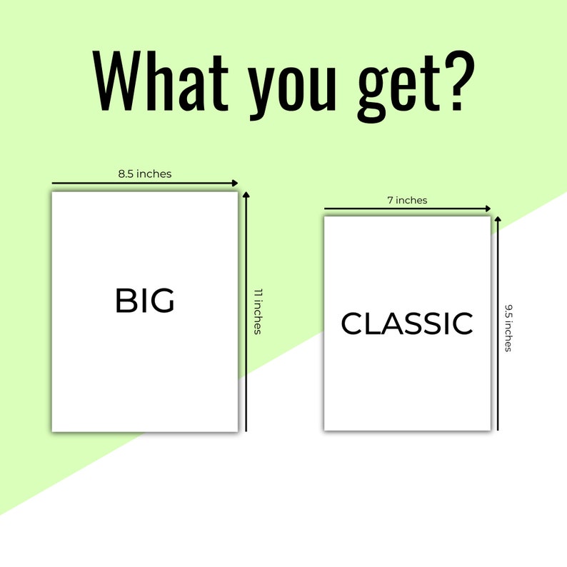 May include: Two white cards with black text. The card on the left is labeled "BIG" and measures 8.5 inches by 11 inches. The card on the right is labeled "CLASSIC" and measures 7 inches by 9.5 inches.
