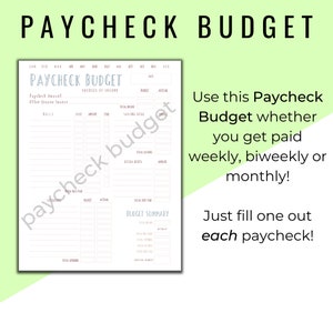 May include: A printable budget tracker with a light blue and gray color scheme. The title is "Paycheck Budget". The tracker includes sections for income, bills, savings, and a budget summary.