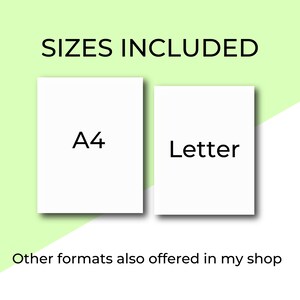 Op de afbeelding: Afbeelding met twee formaten van afdrukbare digitale downloads: A4 en Letter. De tekst luidt "Formaten inbegrepen" en "Andere formaten worden ook aangeboden in mijn winkel".