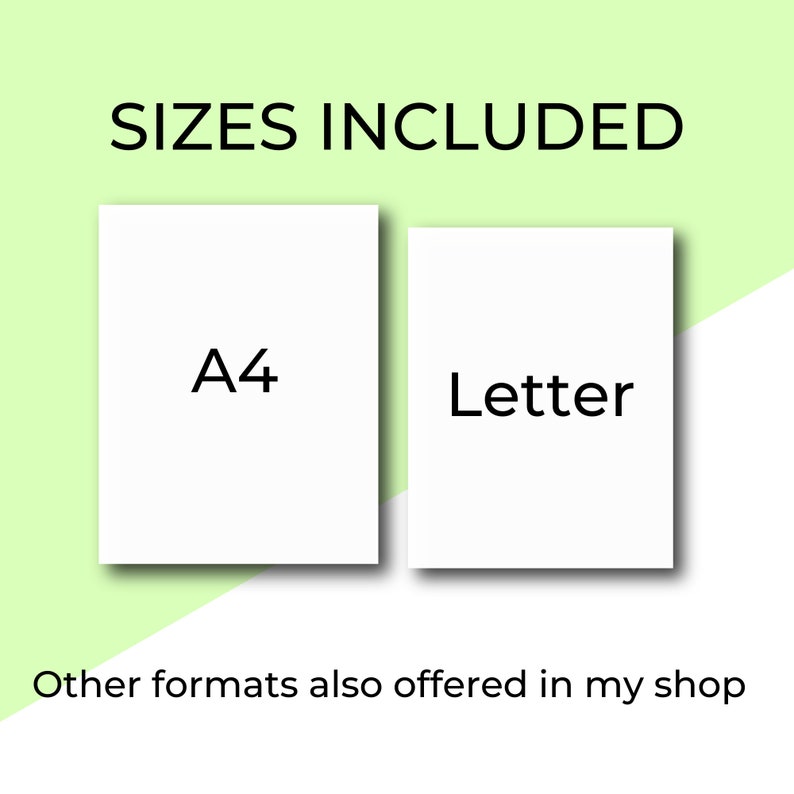 Op de afbeelding: Afbeelding met twee formaten van afdrukbare digitale downloads: A4 en Letter. De tekst luidt "Formaten inbegrepen" en "Andere formaten worden ook aangeboden in mijn winkel".