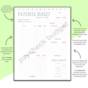 May include: A printable budget planner with a light blue and pink color scheme. The planner includes sections for tracking income, bills, savings goals, and extra debt payments. The title of the planner is "Paycheck Budget".