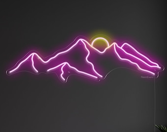 May include: A pink neon sign depicting a mountain range with a yellow sun setting behind the peaks. The sign is mounted on a black wall in a room with a red armchair and a small potted plant on a red table.