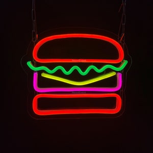 バーガーネオンサイン、バーガー LED サイン - ネオンバーサイン、壁装飾、壁サイン、ファーストフードネオンサイン、レストランネオンサイン、食品 LED ネオンサイン、