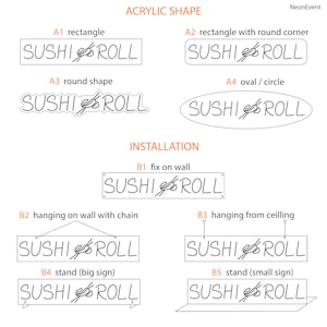 K&ouml;nnte beinhalten: Diagramm, das verschiedene Acrylformen und Installationsm&ouml;glichkeiten f&uuml;r ein "SUSHI ROLL"-Schild zeigt. Die Formen umfassen Rechteck, Rechteck mit abgerundeten Ecken, Rund und Oval. Die Installationsm&ouml;glichkeiten umfassen die Befestigung an einer Wand, das Aufh&auml;ngen an einer Wand mit einer Kette, das Aufh&auml;ngen von der Decke und das Aufstellen auf einem Sockel.