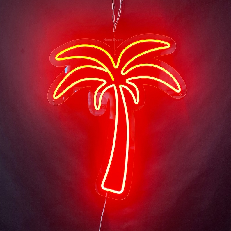 K&ouml;nnte beinhalten: Ein Neon-Schild in Form einer Palme mit rotem Umriss und gelbem Inneren. Das Schild h&auml;ngt an einer Kette und tr&auml;gt den Text "Neon Event".
