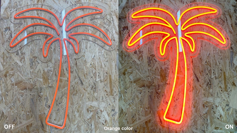 K&ouml;nnte beinhalten: Ein orangefarbenes Neon-Palmen-Schild, ausgeschaltet und eingeschaltet, das den Schein der Neonlichter zeigt. Das Schild ist auf einem Holzpaneel-Hintergrund montiert.