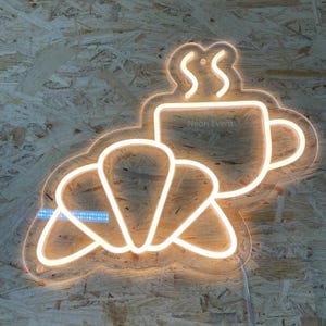 Insegna al neon a LED con croissant e caffè - insegna al neon con cibo, neon con croissant, decorazione da parete, insegna da parete, insegna al neon con ragazza del bar, insegna al neon con bevande, neon con fast food