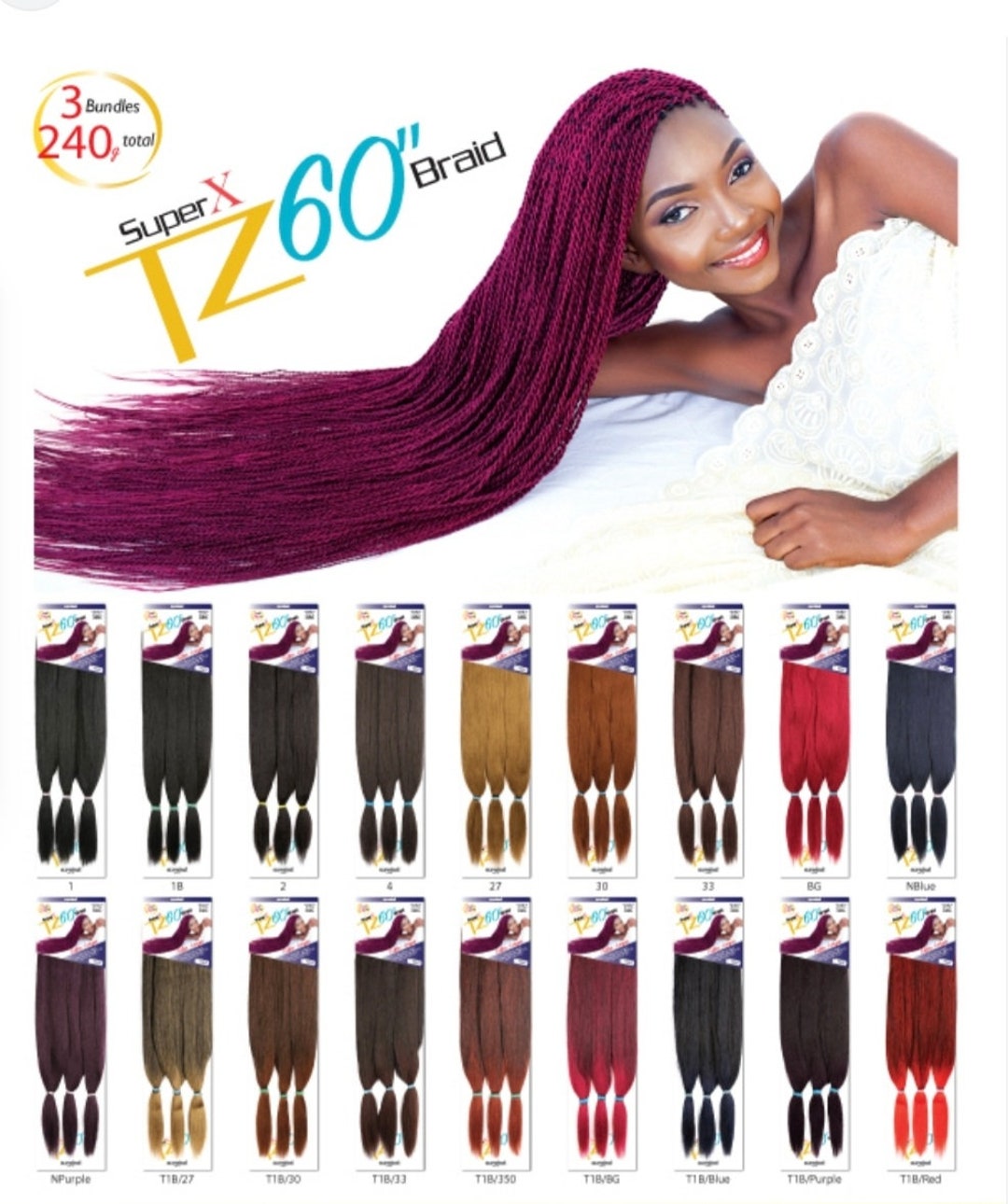 60 INCHES HAIR 3pack Deal 9 Bundles Total, TZ Braid, Prestretched
