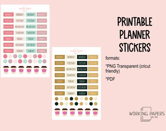 May include: Printable planner stickers with days of the week, coffee cups, and circles in various colors. The stickers are available in PNG and PDF formats.
