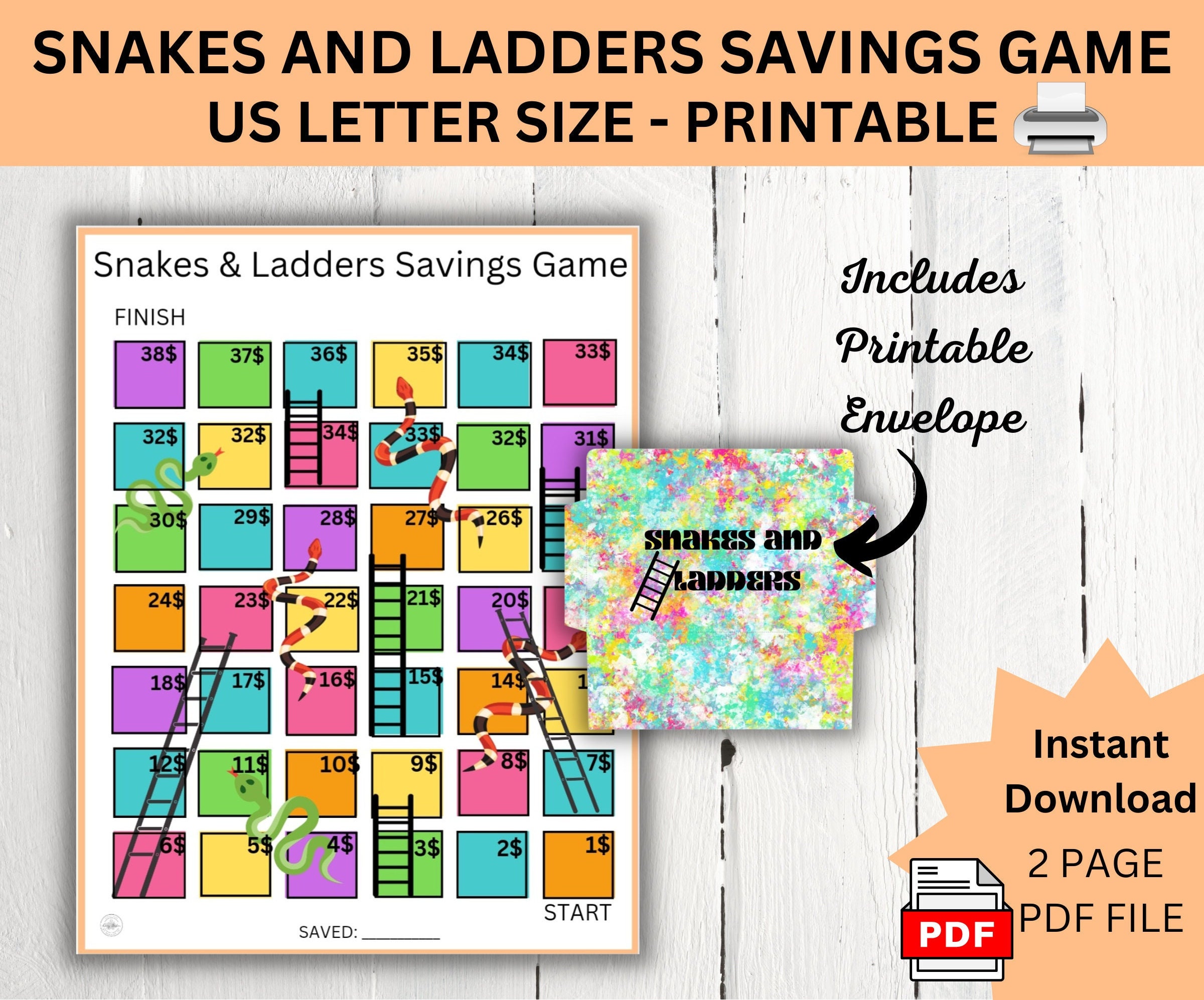 Snakes and Ladders Savings Game Cash Envelope US Letter Etsy
