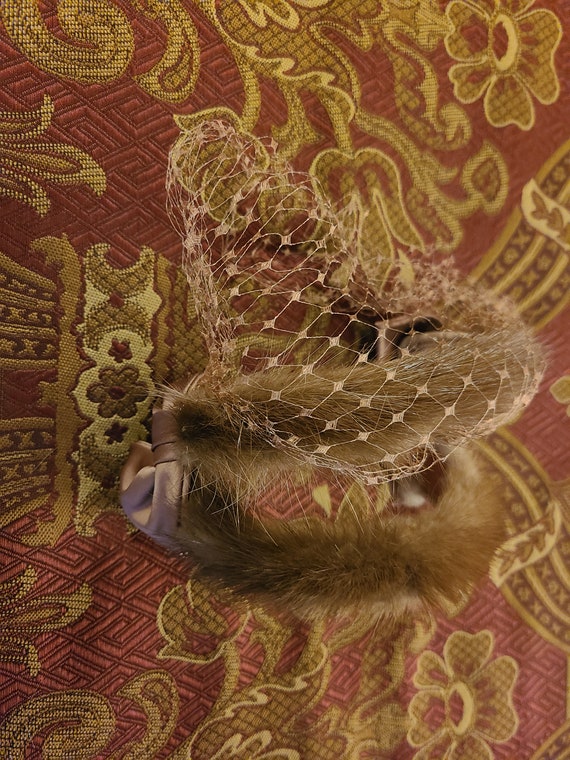 1960s beige fur headband with veil