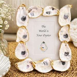 Handmade Oyster Shell Picture Frame • Coastal Decor • Holds 5×7 or 4×6 Photos • Beach House Gift • “The World Is Your Oyster” Frame