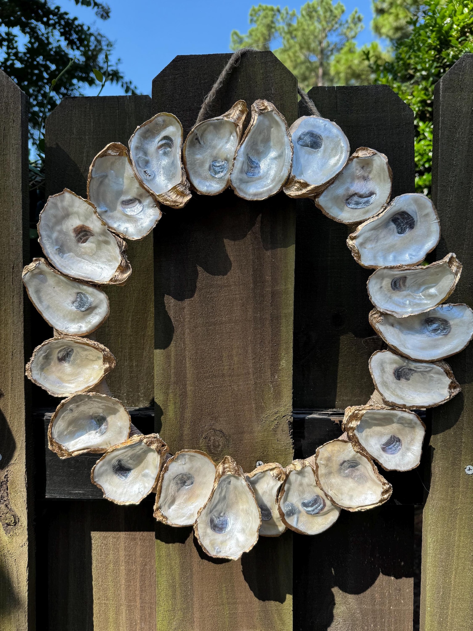 Natural Oyster Shell Wreath – 14 Inch Coastal Door Decor With Gold Trim ...