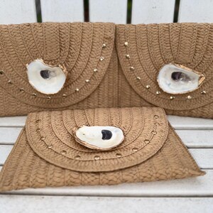 Natural oyster shell straw woven clutch, purse, handbag