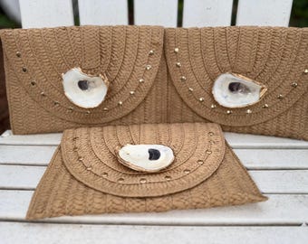 Natural oyster shell straw woven clutch, purse, handbag