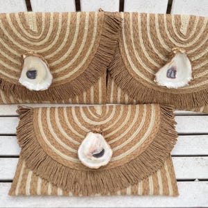 Natural oyster shell straw woven clutch, purse, handbag