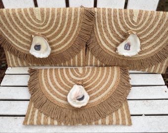 Natural oyster shell straw woven clutch, purse, handbag