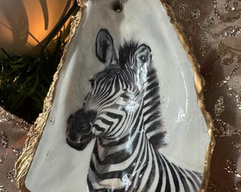 Zebra Oyster Shell Christmas Ornament – Safari Animal Ornament | Handmade Coastal Ornament | Animal Lover Gift | Gold Trim Tree Decor