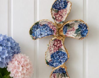 Hydrangea Oyster Shell Cross – Coastal Christian Decor – Oyster Shell Art – Beach Cottage Cross –