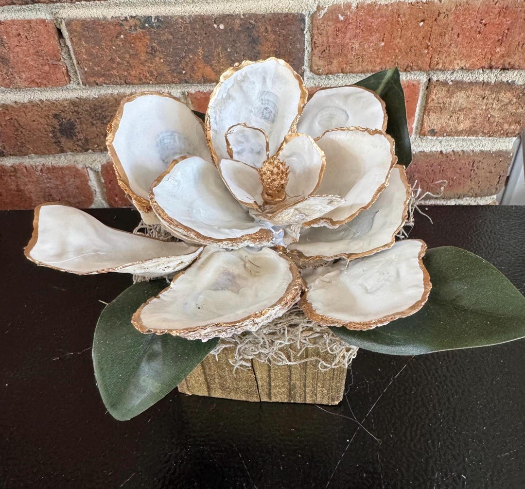 Magnolia Oyster Shell Magnolia on Wooden Block Base - Etsy