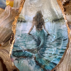 May include: A decorative oyster shell featuring a mermaid design. The mermaid, with long brown hair and a teal tail, is depicted in water. The shell has a gold-painted edge, adding a touch of elegance. The artwork is set against a background of other shells.